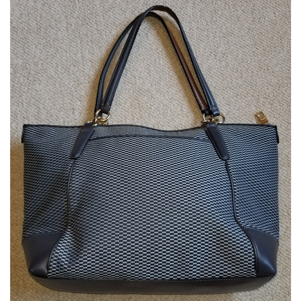 Womens Purse-COACH-'Midnight Blue' Leather 'Ava Tote' w/ Jacquard Legacy Print - Picture 3 of 9